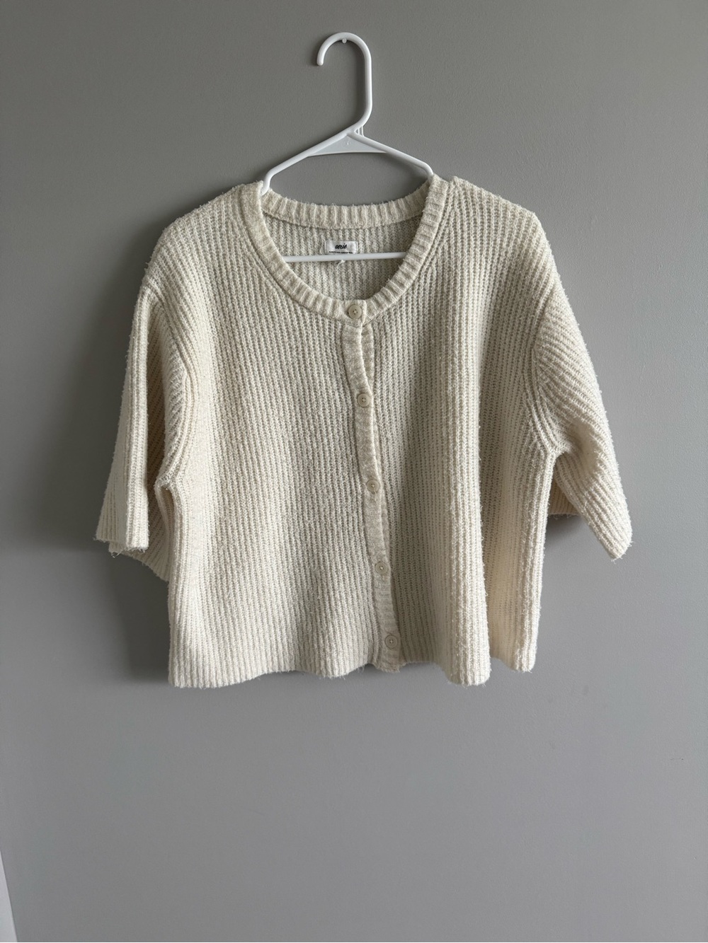 Aerie Cream Button-Front Ribbed Short-Sleeve Sweater